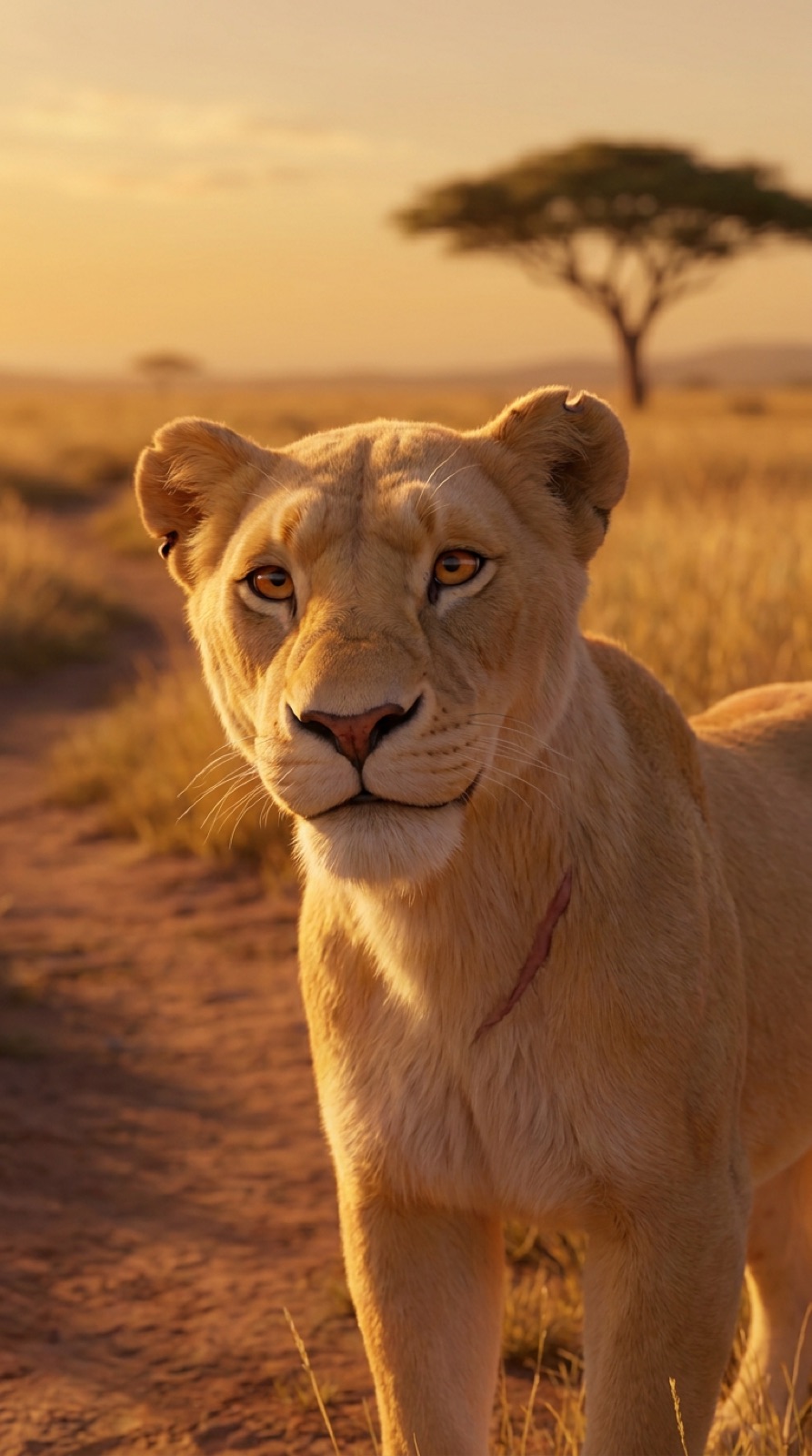 Ma Leeu, a mother lioness, on a red dirt road at golden hour