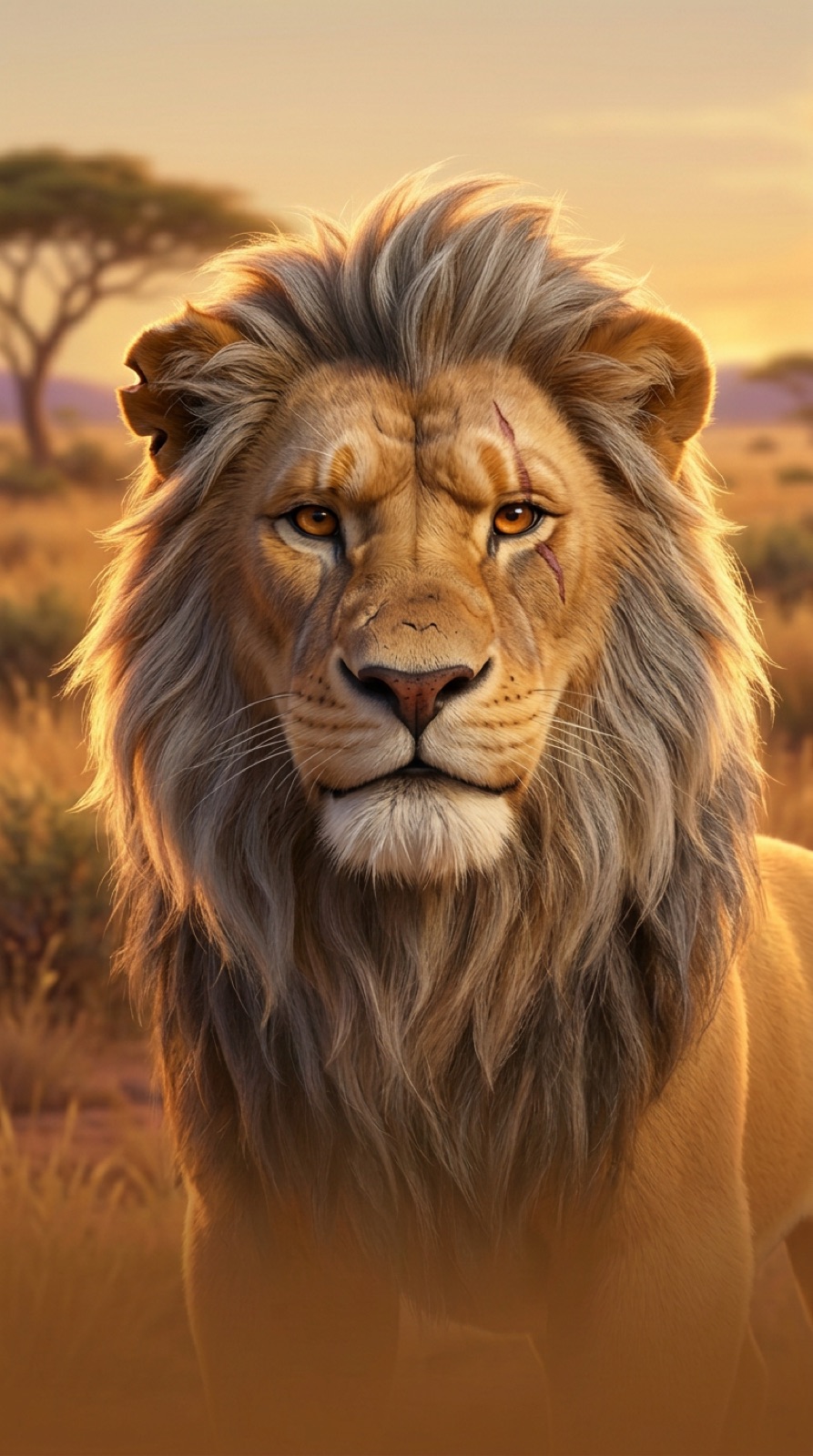The Old Lion, a wise lion with a scar above his eye, in golden savanna light